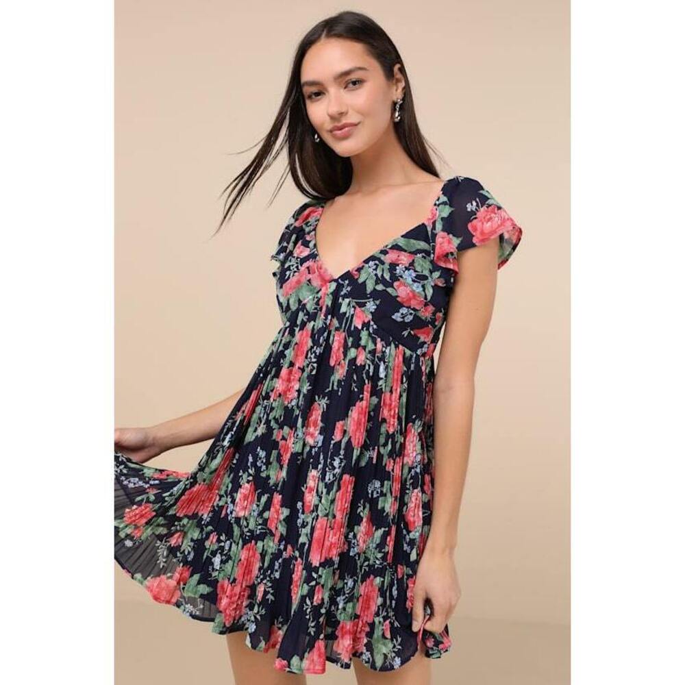 Lulus Amalfi Coast Dark Navy Floral Pleated Flutter Sleeve Mini Dress Blue